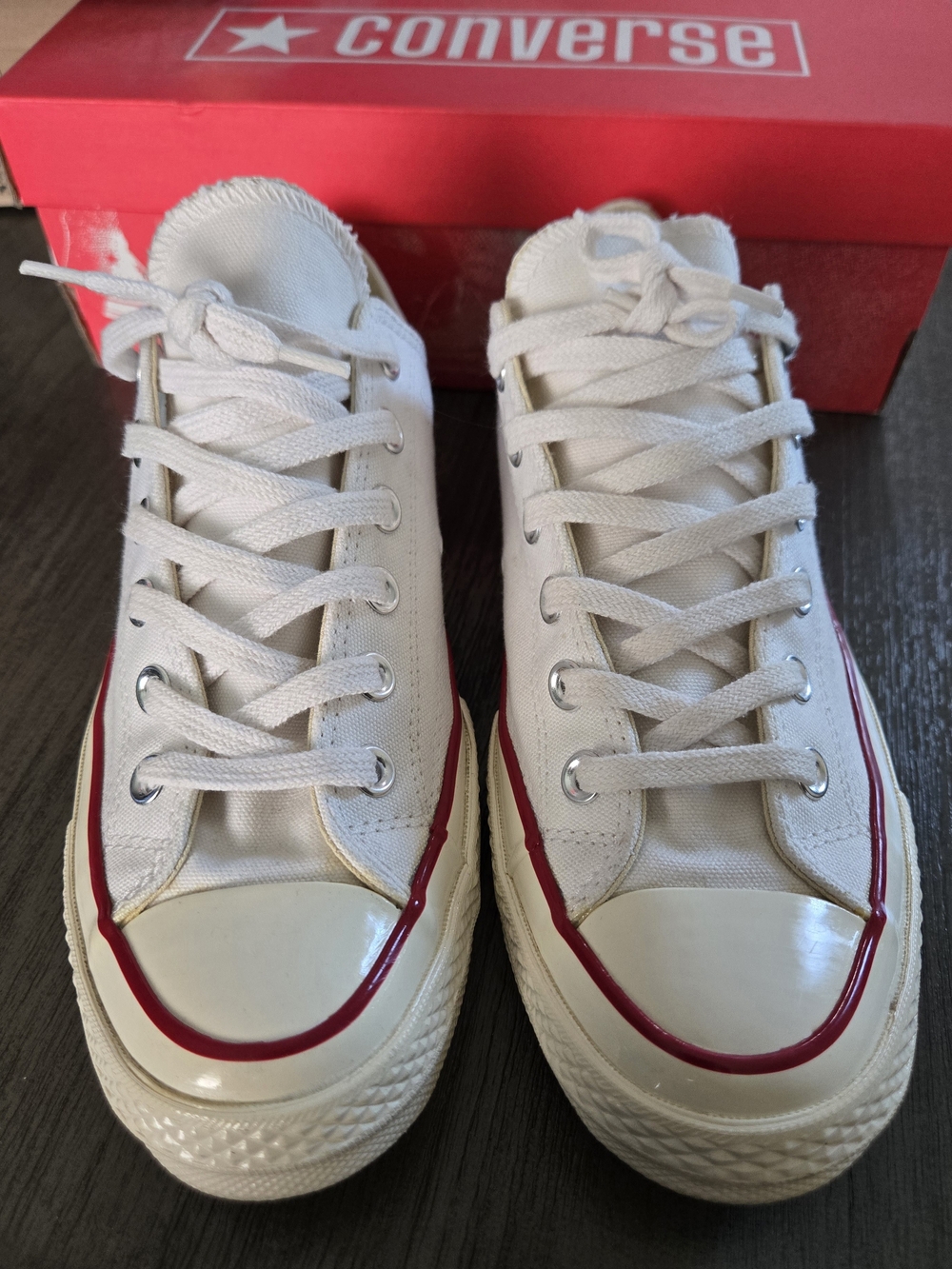 Converse Low-Top Canvas Sneakers in White with Red Trim